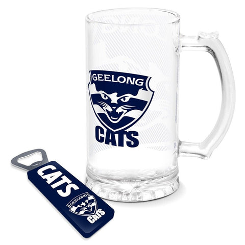 AFL Stein And Opener Set - Geelong Cats  - Drink Cup Mug - Retail Boxed