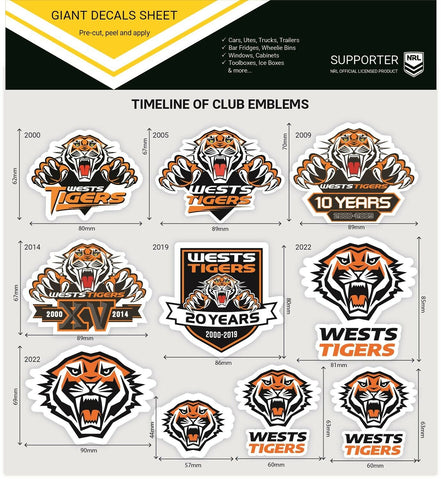 NRL Giant Decal Sheet - West Tigers - Timeline Of Club Logos - Stickers