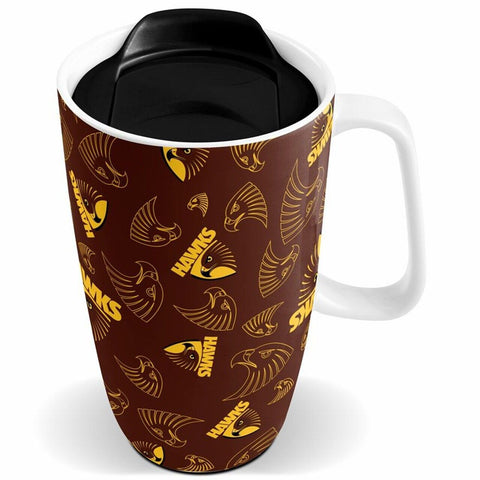 AFL Ceramic Travel Coffee Mug - Hawthorn Hawks - Drink Cup With Lid