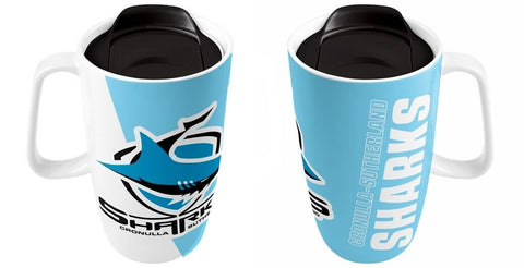 NRL Ceramic Travel Coffee Mug - Cronulla Sharks - Drink Cup With Lid