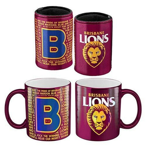 AFL Metallic Coffee Cup And Can Cooler Set - Brisbane Lions- Mug Stubby