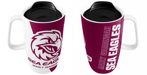 NRL Ceramic Travel Coffee Mug - Manly Sea Eagles - Drink Cup With Lid