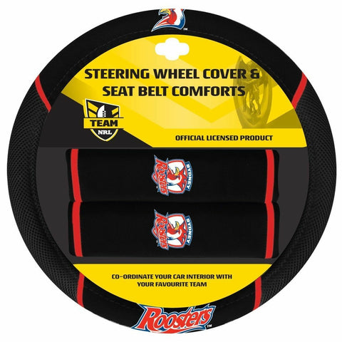 NRL Steering Wheel Cover - Seat Belt Covers - Universal FIt - Sydney Roosters